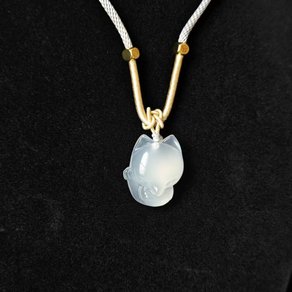 Hand-Carved Natural Icy Translucent Jade Little Fox Pendant